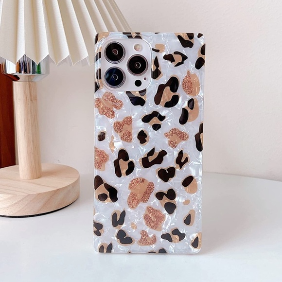 Black Pearl Rose Gold Glitter Cheetah Leopard Square iPhone 12 13 PRO MAX Case - Picture 6 of 10